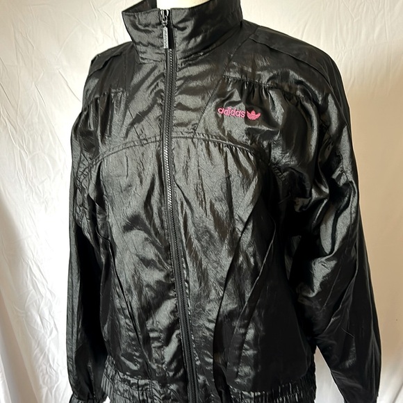 Adidas Shiny Black Track Jacket with Pink Women's Size Medium Zip Front Pockets - Picture 1 of 10